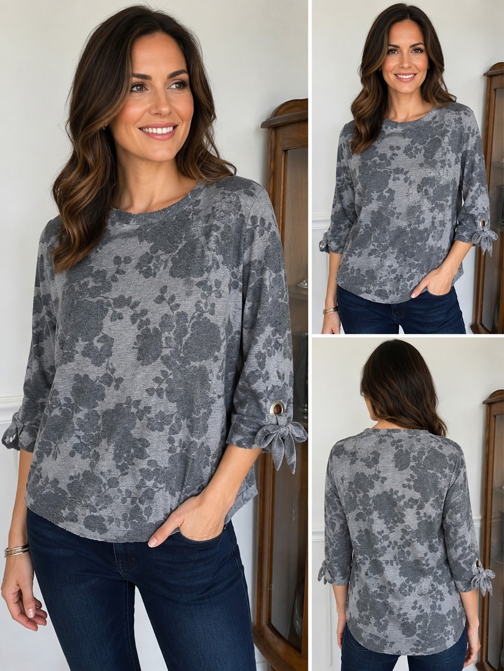 Simply Vera Women’s Gray Floral Tie-Sleeve Top S